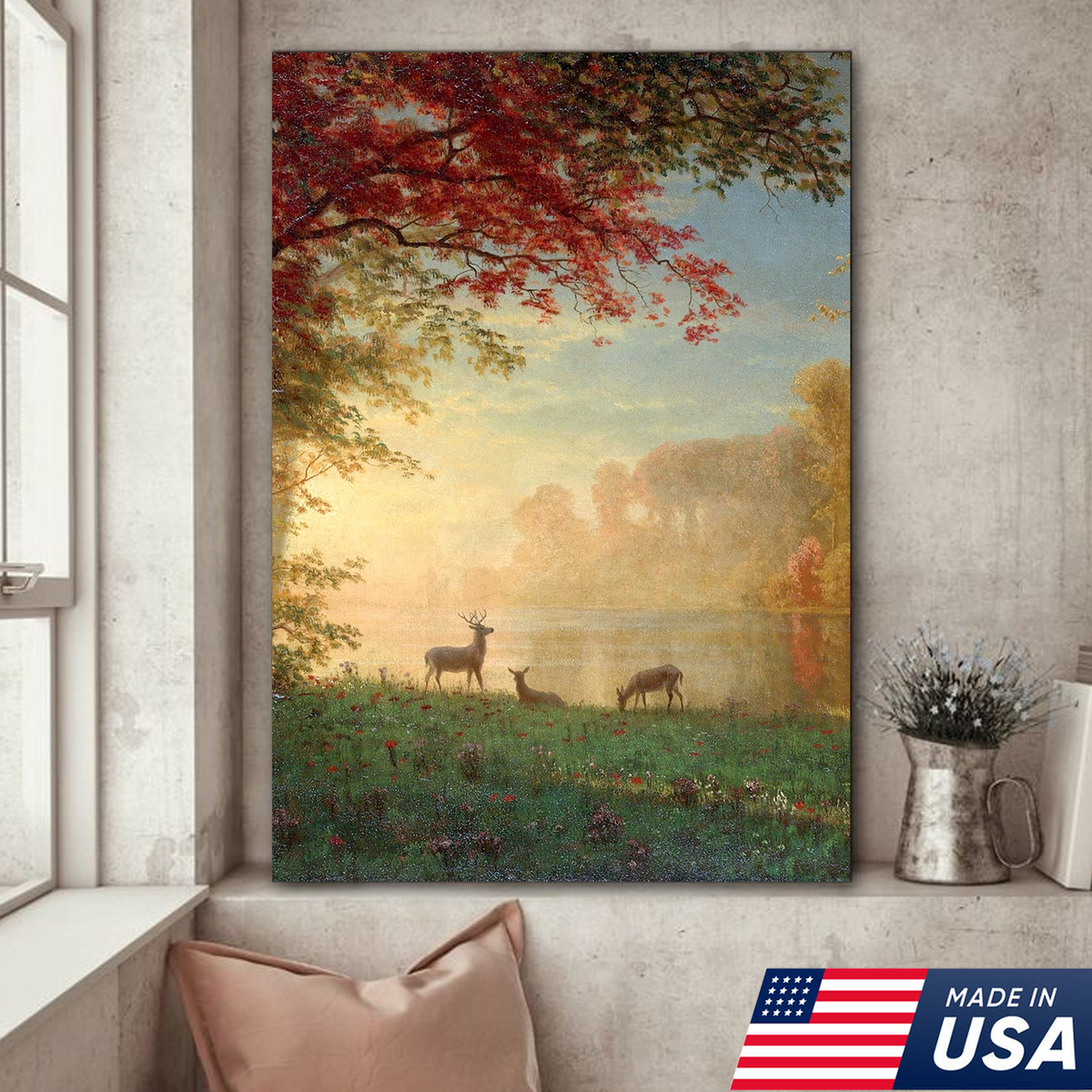 Sunrise Deer Meadow Canvas Wall Art, Autumn Lake Landscape Painting with Stag and Does