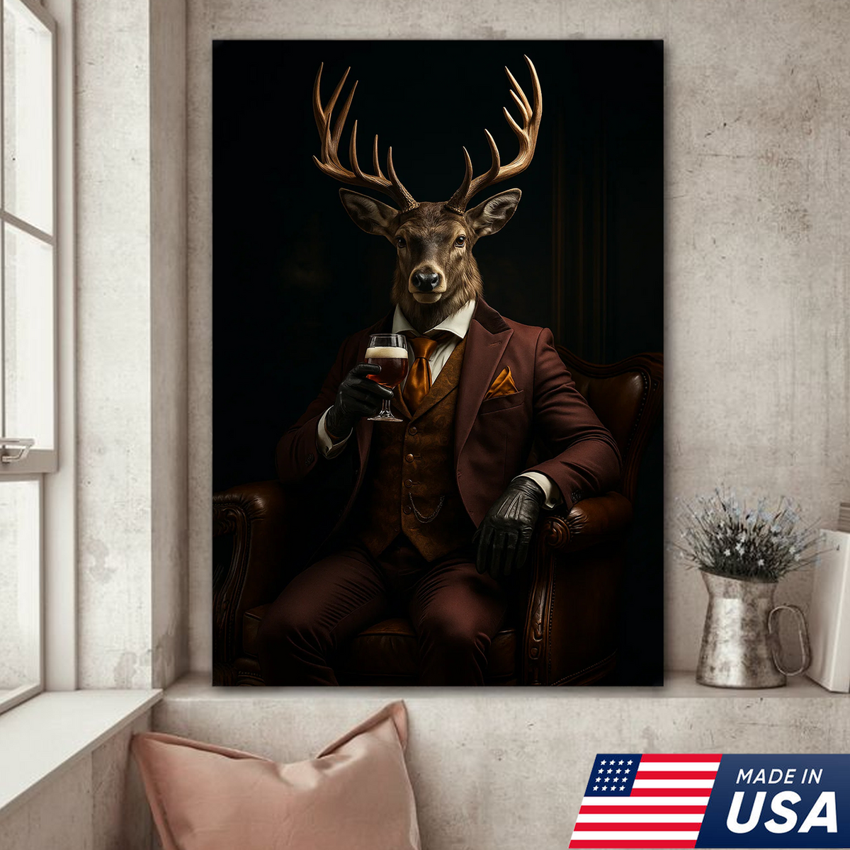 Deer Gentleman Canvas Wall Art – Rustic Lodge Decor, Anthropomorphic Buck in Suit