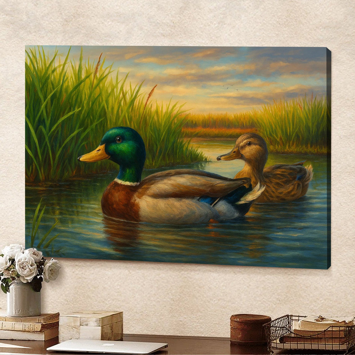 Couple Mallard Ducks Hunting Canvas – Realistic Wildlife Wall Art for Hunters