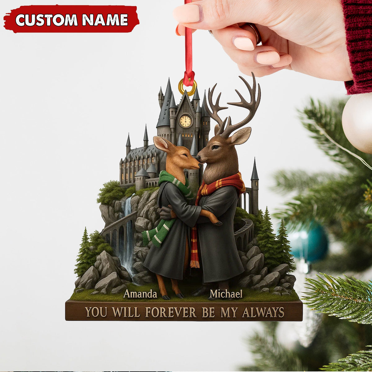 Personalized Wizard Castle Deer Couple Ornament, Custom Name Fantasy Lovers Christmas Gift, Magic School Romance Tree Decoration