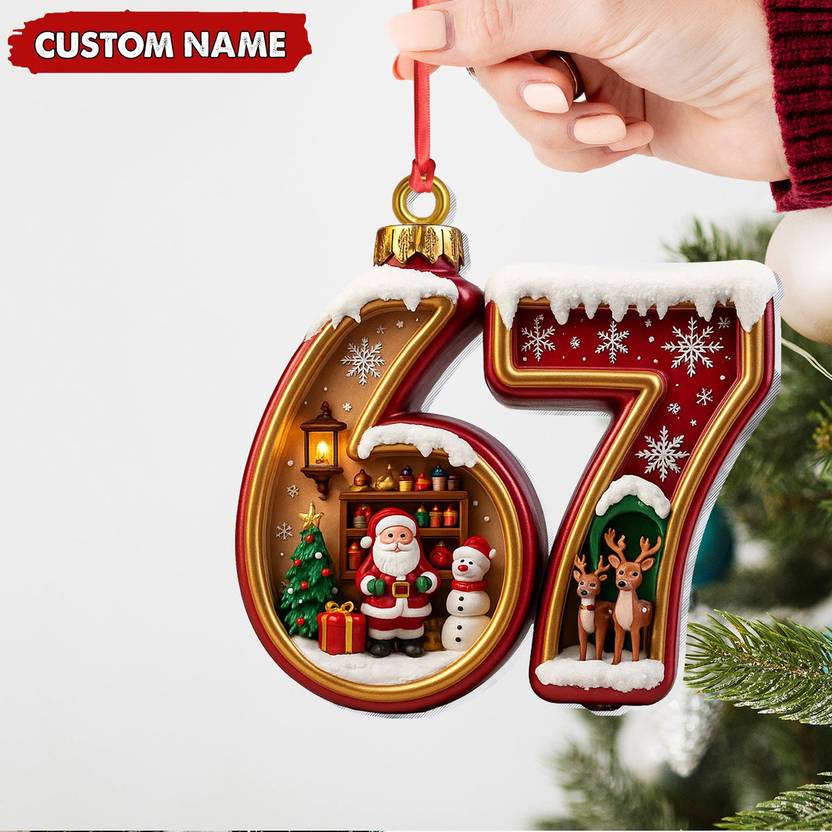 Personalized 67 Christmas Ornament, Custom Name Santa & Reindeer Number 67 Bauble, Holiday Tree Decoration