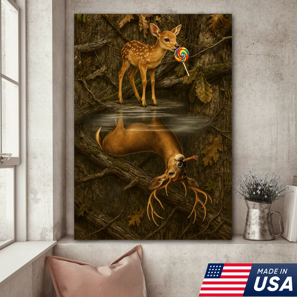 Whimsical Deer Reflection Canvas Art - Cute Fawn with Lollipop Forest Scene