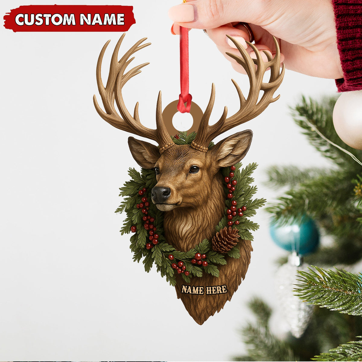Personalized Rustic Deer Head Christmas Acrylic Ornament – 3D Holiday Decor & Perfect Gift for Hunters & Nature Lovers