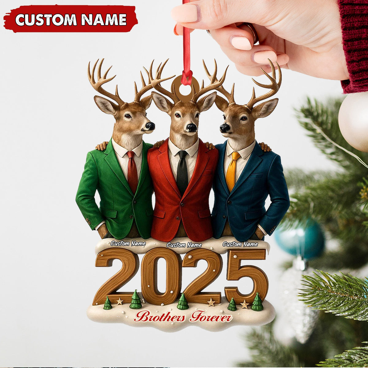 Personalized Brothers Forever 2025 Christmas Ornament, Custom Name Deer Trio in Suits, Funny Family Brother Gift Decor