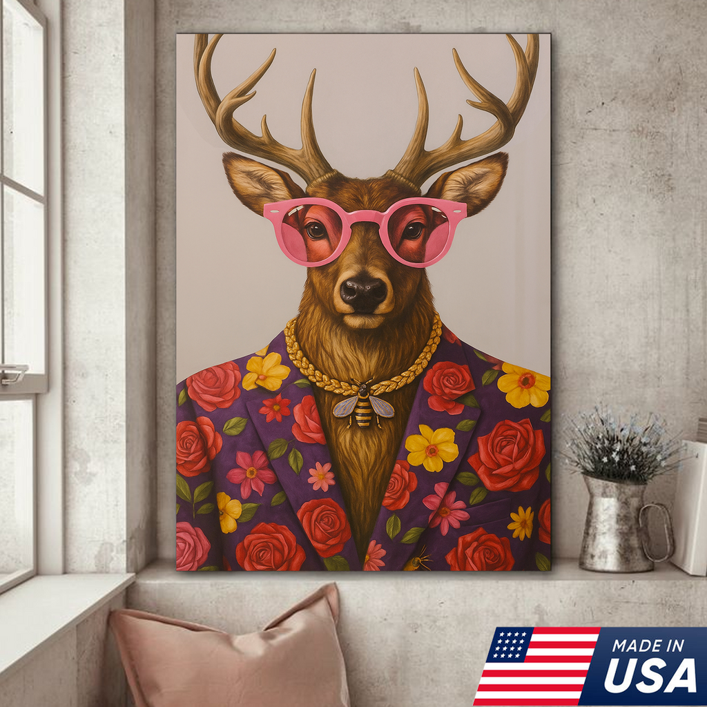 Funny Deer Wall Art Canvas – Stylish Hunter Canvas with Floral Suit & Sunglasses