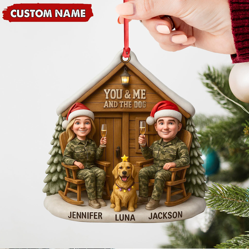 Personalized Hunter Couple Dog Christmas Ornament, Custom Name “You and Me and the Dog” Cabin, Cute Hunting Family Pet Lover Gift