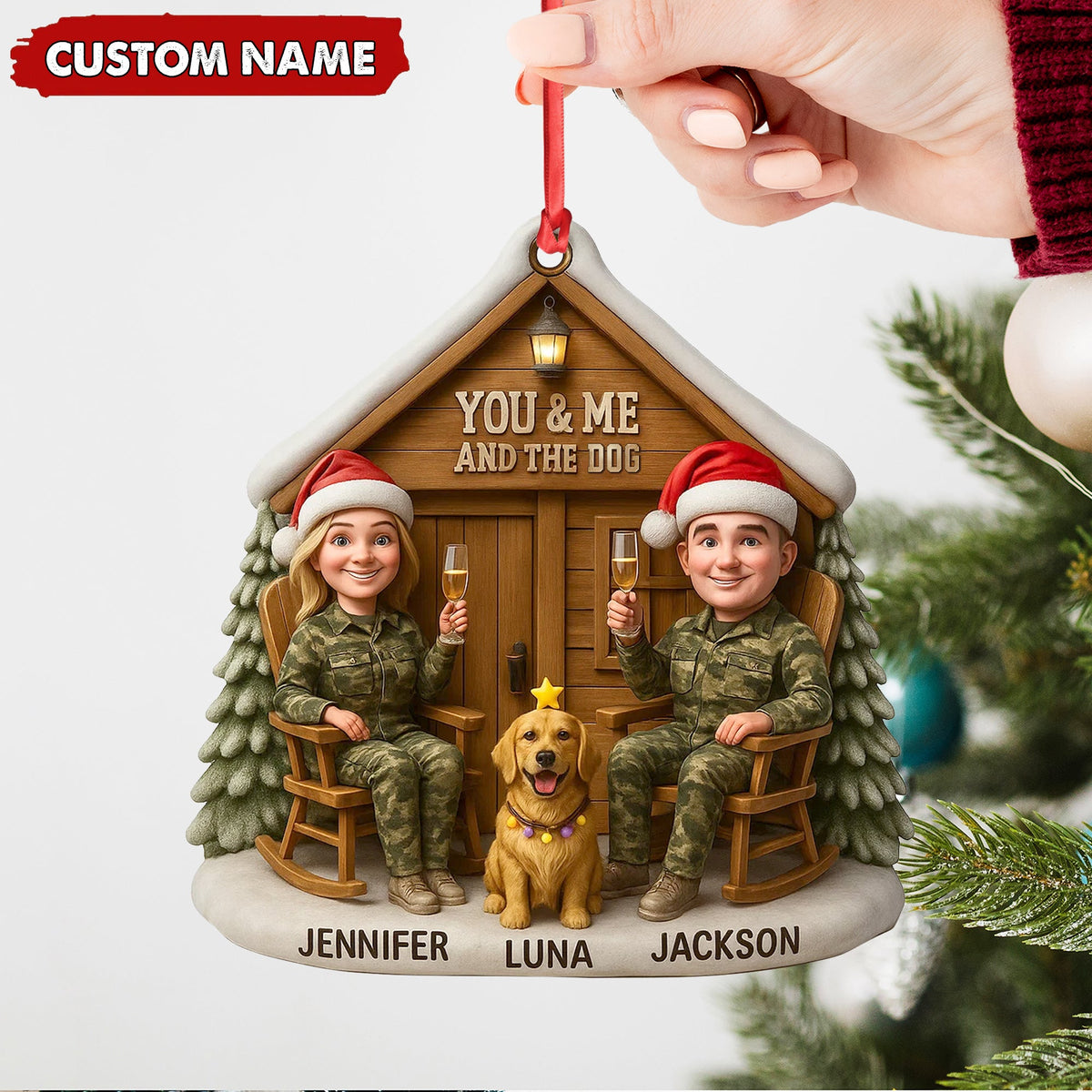 Personalized Hunter Couple Dog Christmas Ornament, Custom Name “You and Me and the Dog” Cabin, Cute Hunting Family Pet Lover Gift