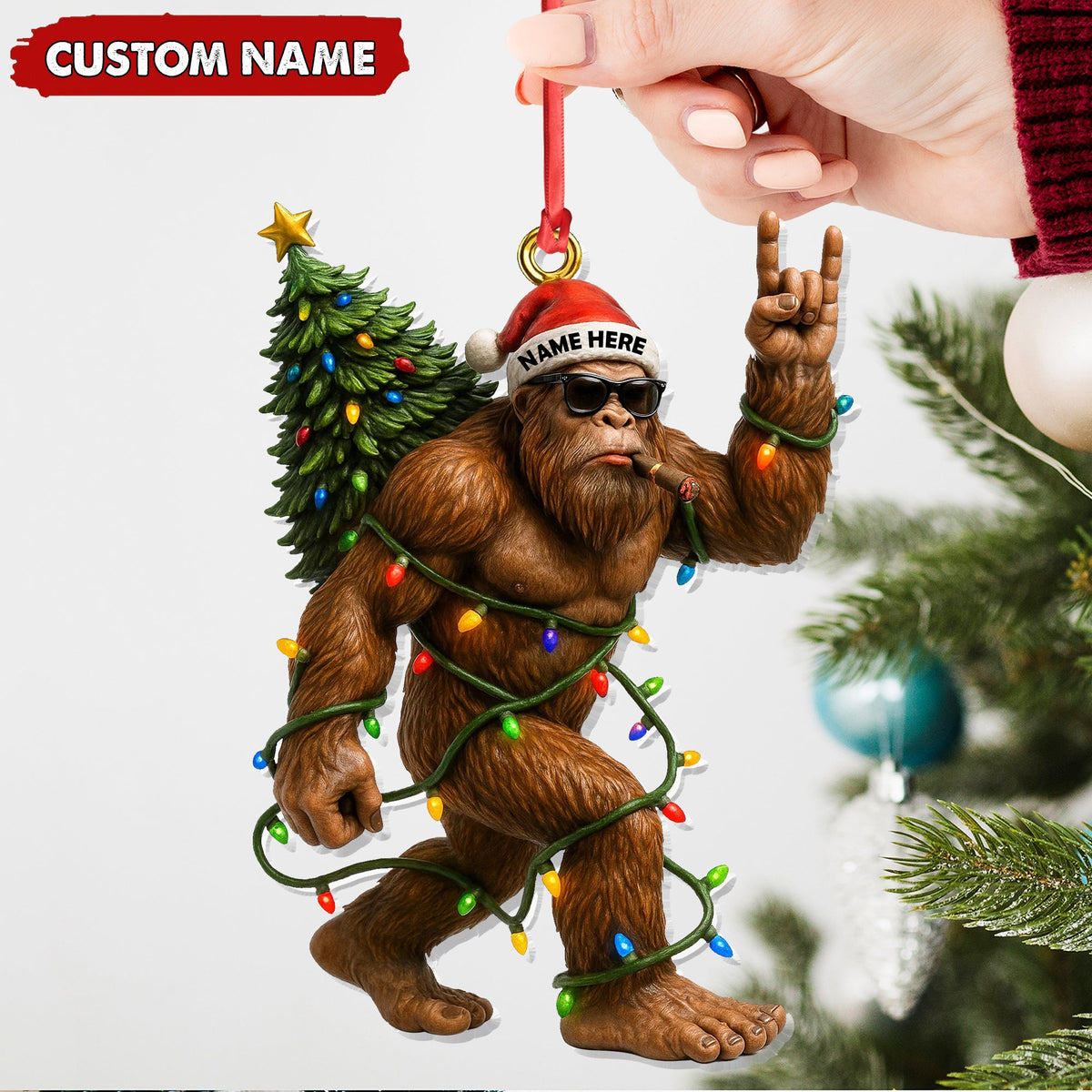 Personalized Bigfoot Christmas Ornament, Custom Name Funny Holiday Gift for Hunters