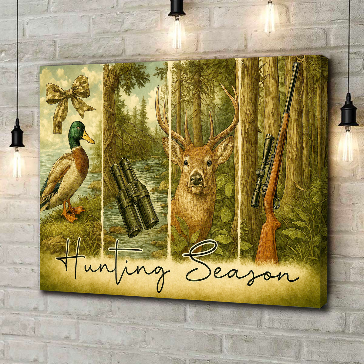 Hunting Season Canvas Wall Art, Deer and Duck Vintage Wildlife Scene