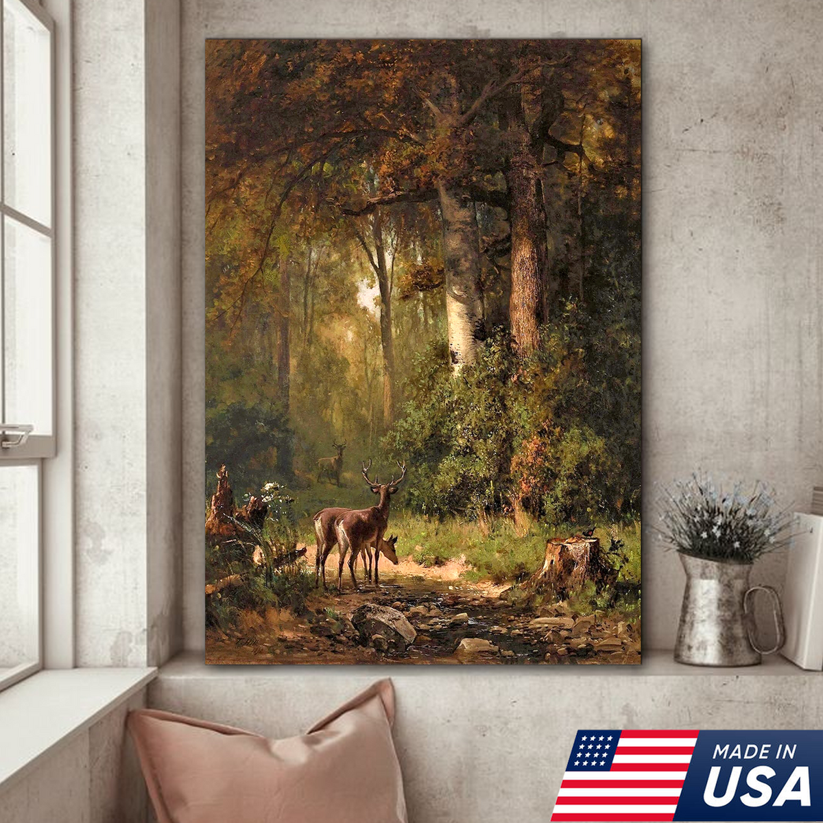 Deer Forest Canvas Wall Art, Vintage Woodland Stag Painting with Sunlit Creek