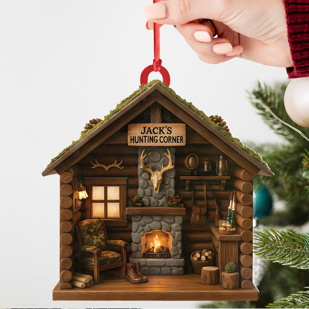 Personalized Hunter’s Cabin Ornament, Custom Log Cabin Christmas Decoration for Outdoor Lovers