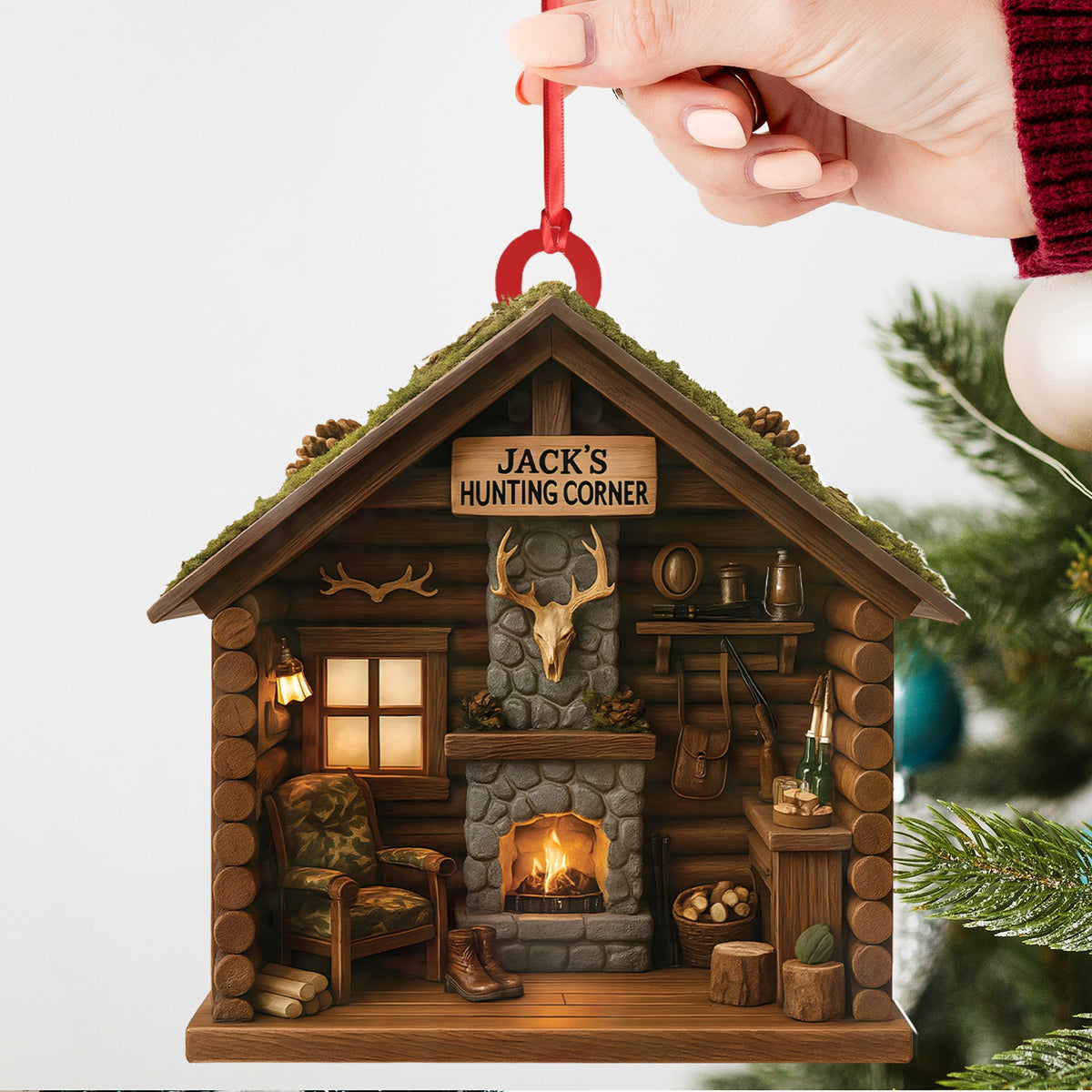 Personalized Hunter’s Cabin Ornament, Custom Log Cabin Christmas Decoration for Outdoor Lovers