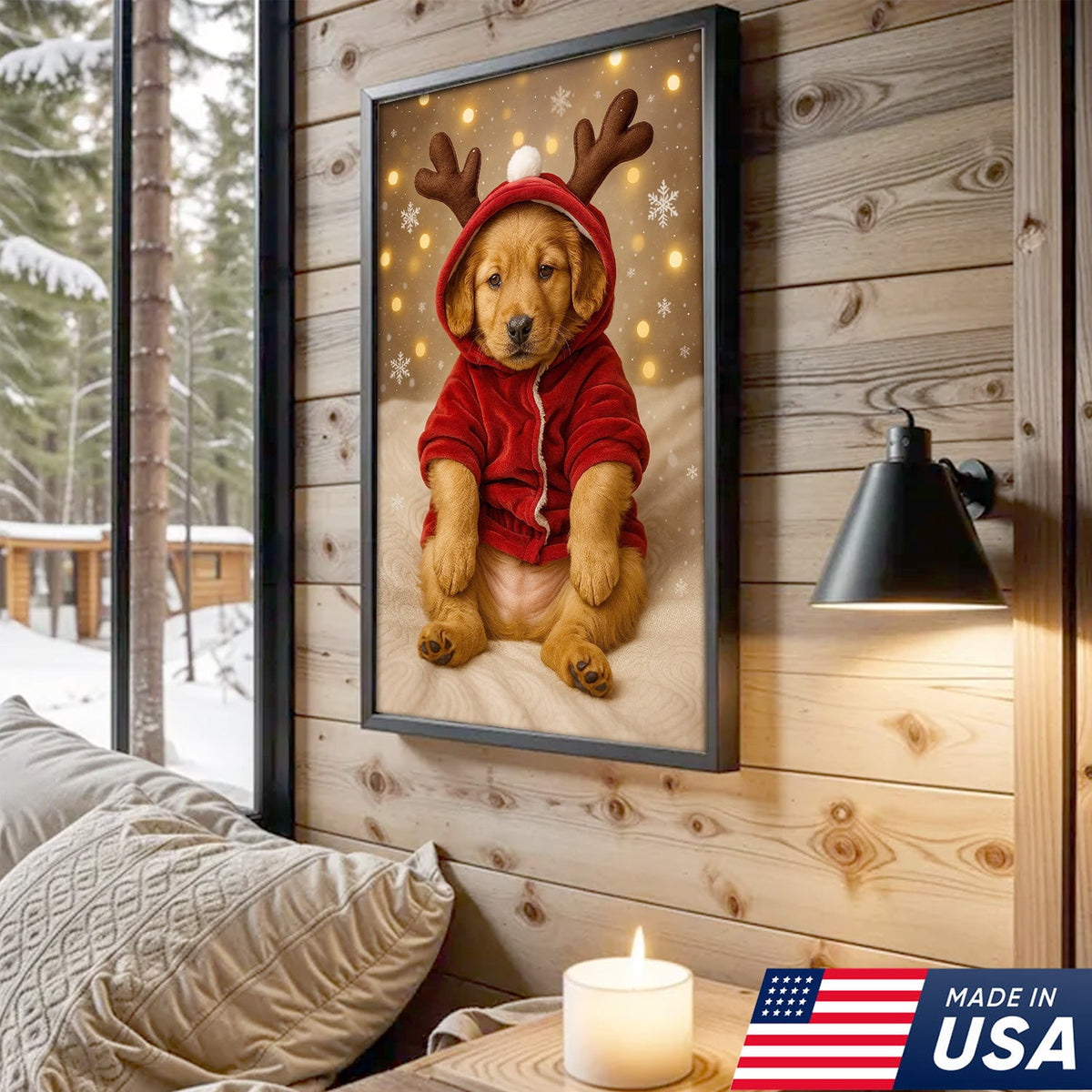 Christmas Puppy Reindeer Canvas Wall Art, Cute Golden product image 1