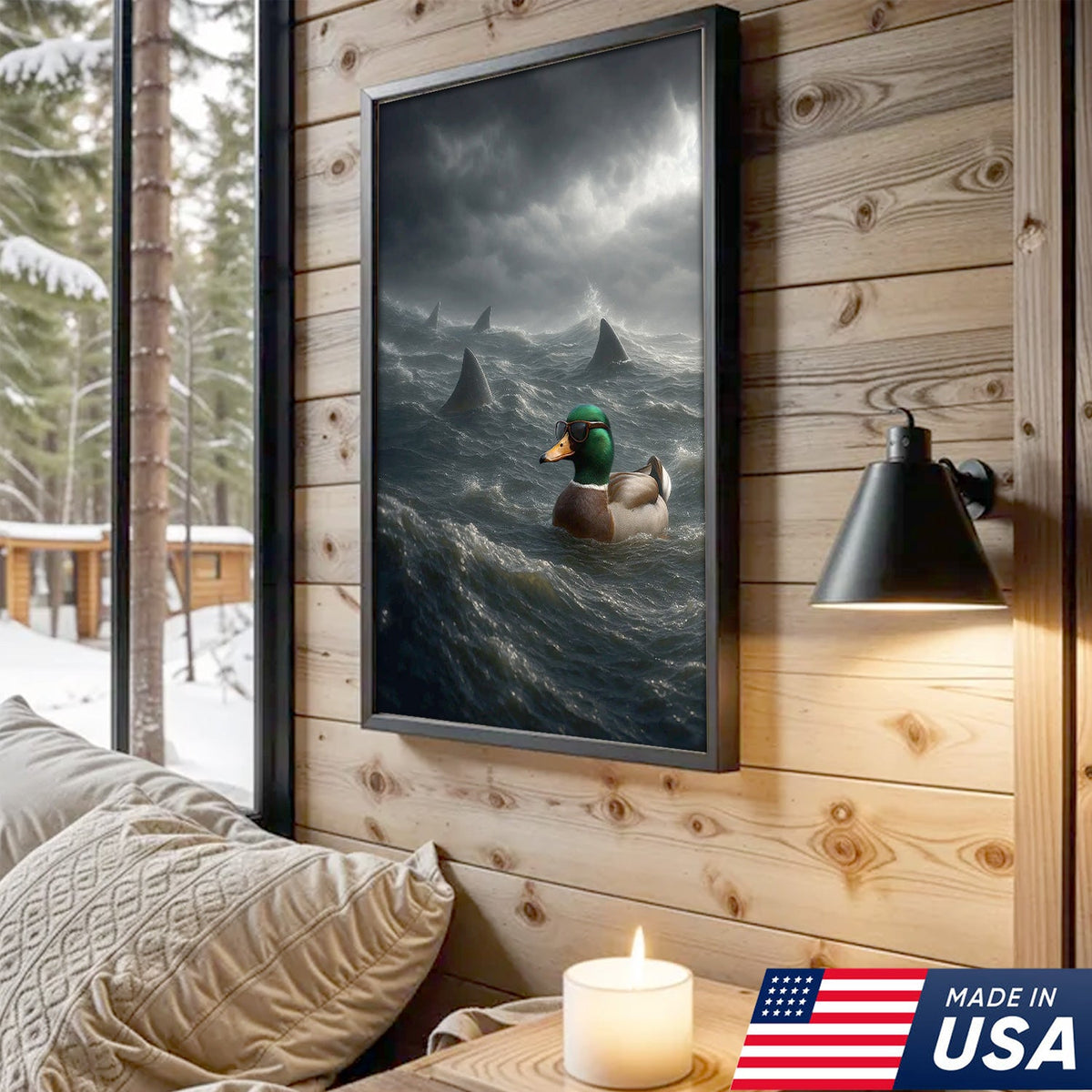 Funny Duck in Shark Infested Waters Canvas Wall Art, Cool Sunglasses Duck Ocean Storm Print