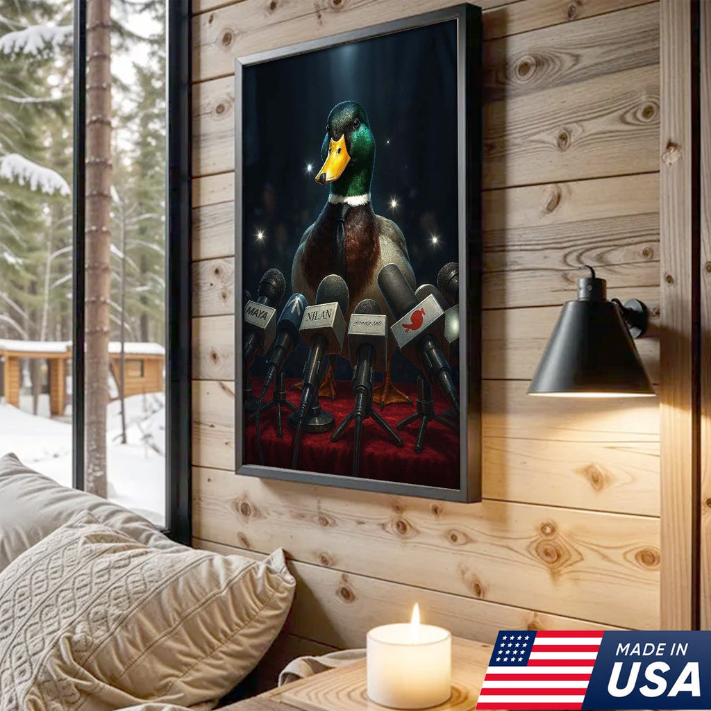 Confident Duck Press Conference Canvas Wall Art, Funny Animal Leader Humor Artwork