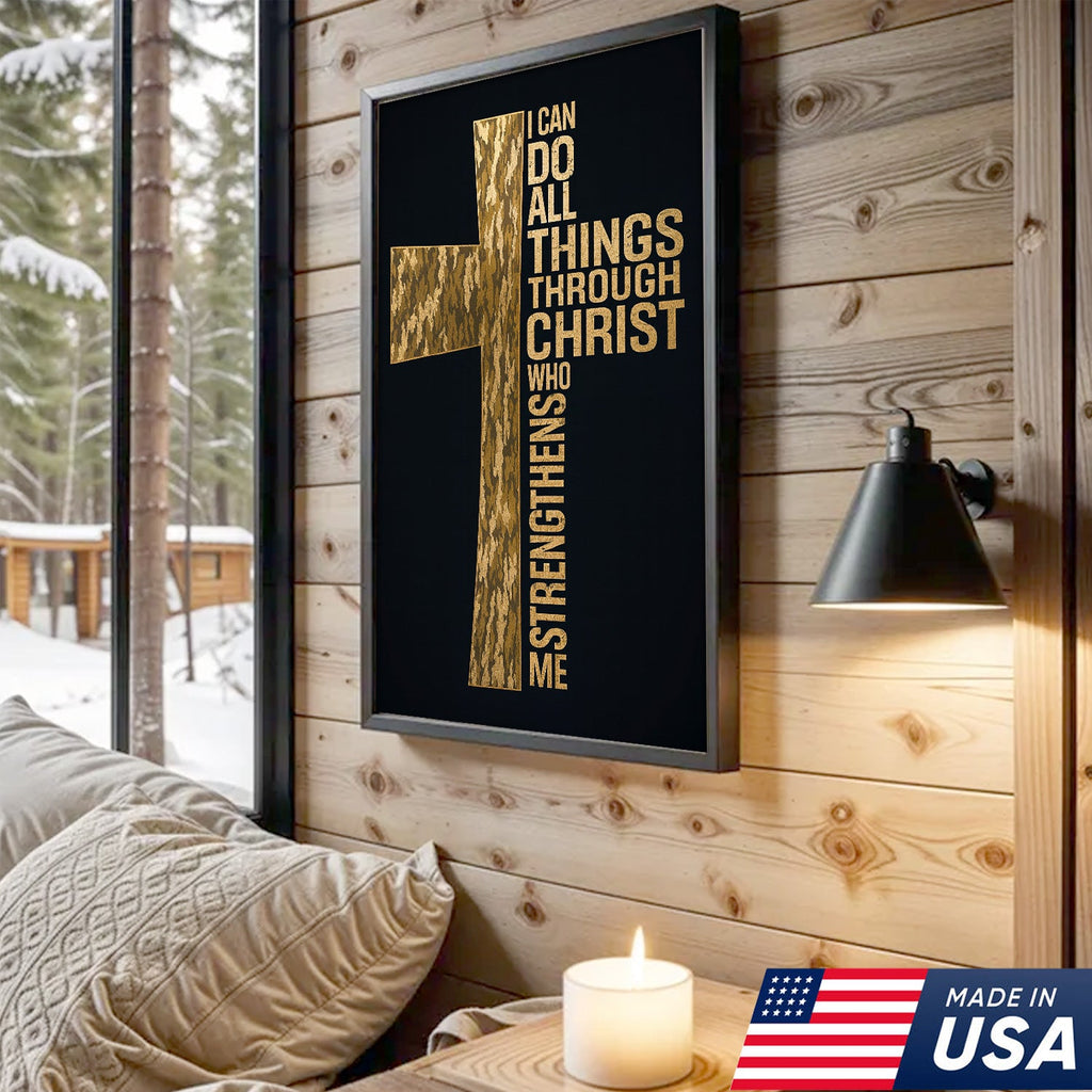 Camo Cross Christian Canvas Wall Art, Philippians 413 I Can Do All Things Through Christ Verse