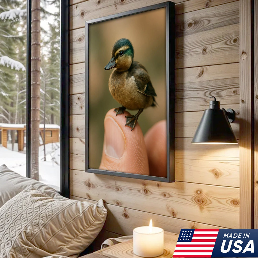 Cute Baby Duck Canvas Wall Art - Adorable Duckling Perched on Finger