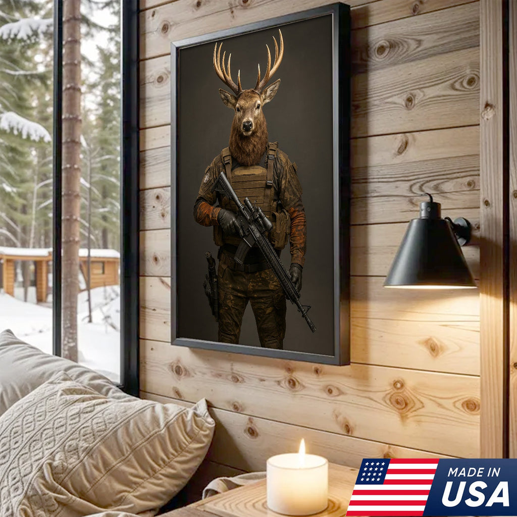 Tactical Deer Soldier Wall Art Canvas – Military Buck Canvas Print for Man Cave & Hunter Decor