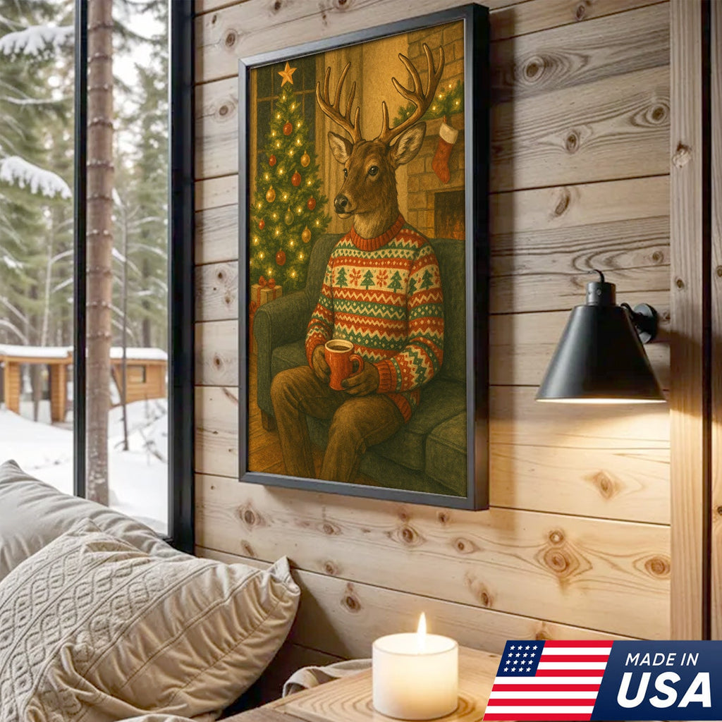 Cozy Christmas Deer Canvas Wall Art Print – Holiday Reindeer With Hot Cocoa