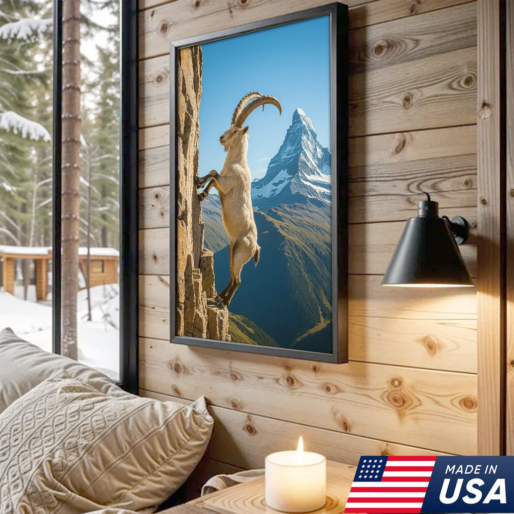 Alpine Ibex Climbing Cliff Canvas Wall Art, Matterhorn Mountain Landscape Print