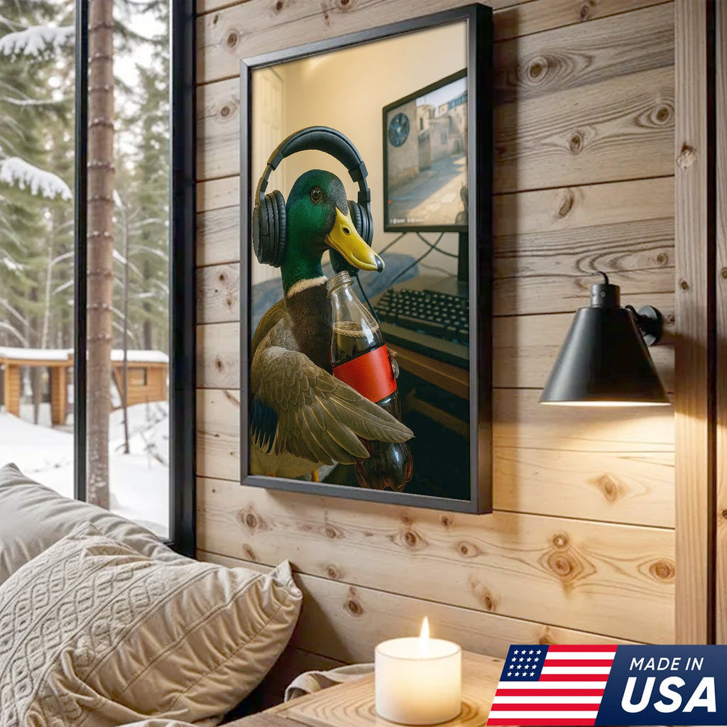 Funny Gamer Duck Canvas Wall Art, Mallard With Headphones and Soda