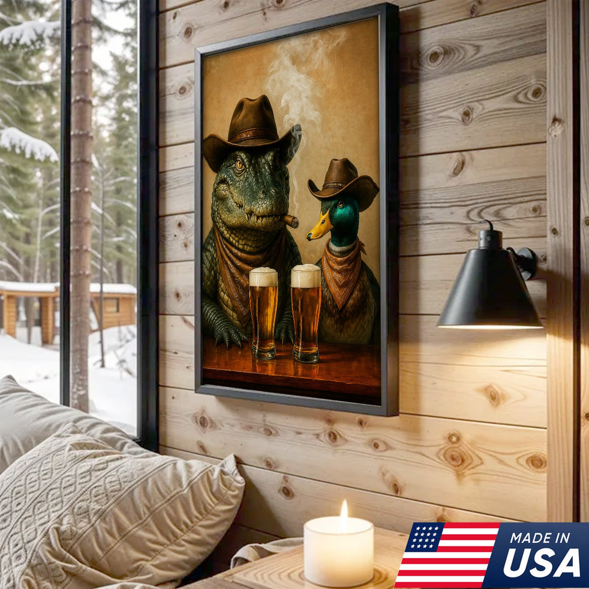 Funny Alligator and Duck Cowboy Canvas – Rustic Wildlife Bar Wall Art Gift for Hunters and Lodge