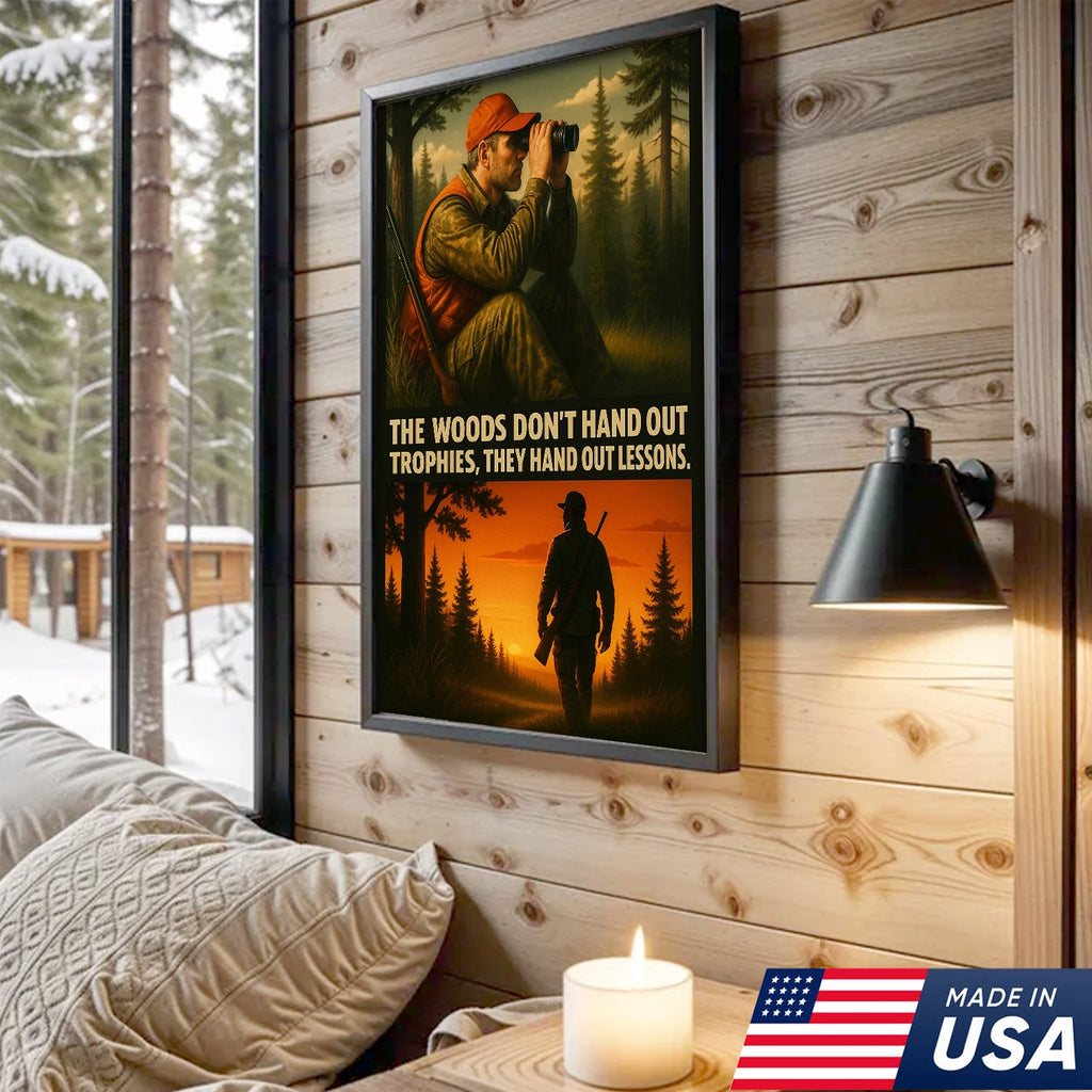 Inspirational Hunting Canvas Wall Art – Hunter in Forest with Rifle & Quote “The Woods Don’t Hand Out Trophies, They Hand Out Lessons”