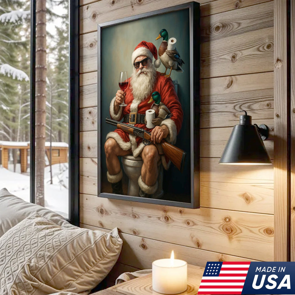 Santa Duck Hunting Christmas Canvas – Funny Holiday Wall Art for Rustic Cabin Bathroom Decor