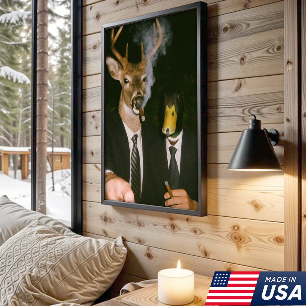 Funny Deer and Duck Canvas Wall Art - Hilarious Animal Duo in Suits