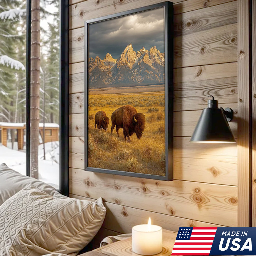 Buffalo Bison Canvas Wall Art, Grand Teton Mountain Landscape Print