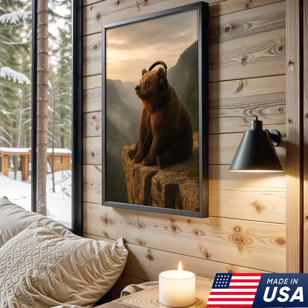 Funny Bear Wall Art, Chill Bear Canvas, Bear with Headphones Art