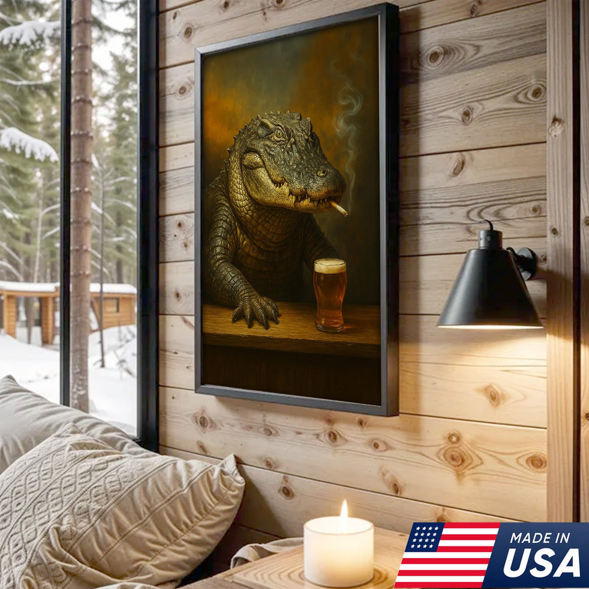 Alligator Wall Art Canvas – Rustic Wildlife Animal Print for Hunting Cabin