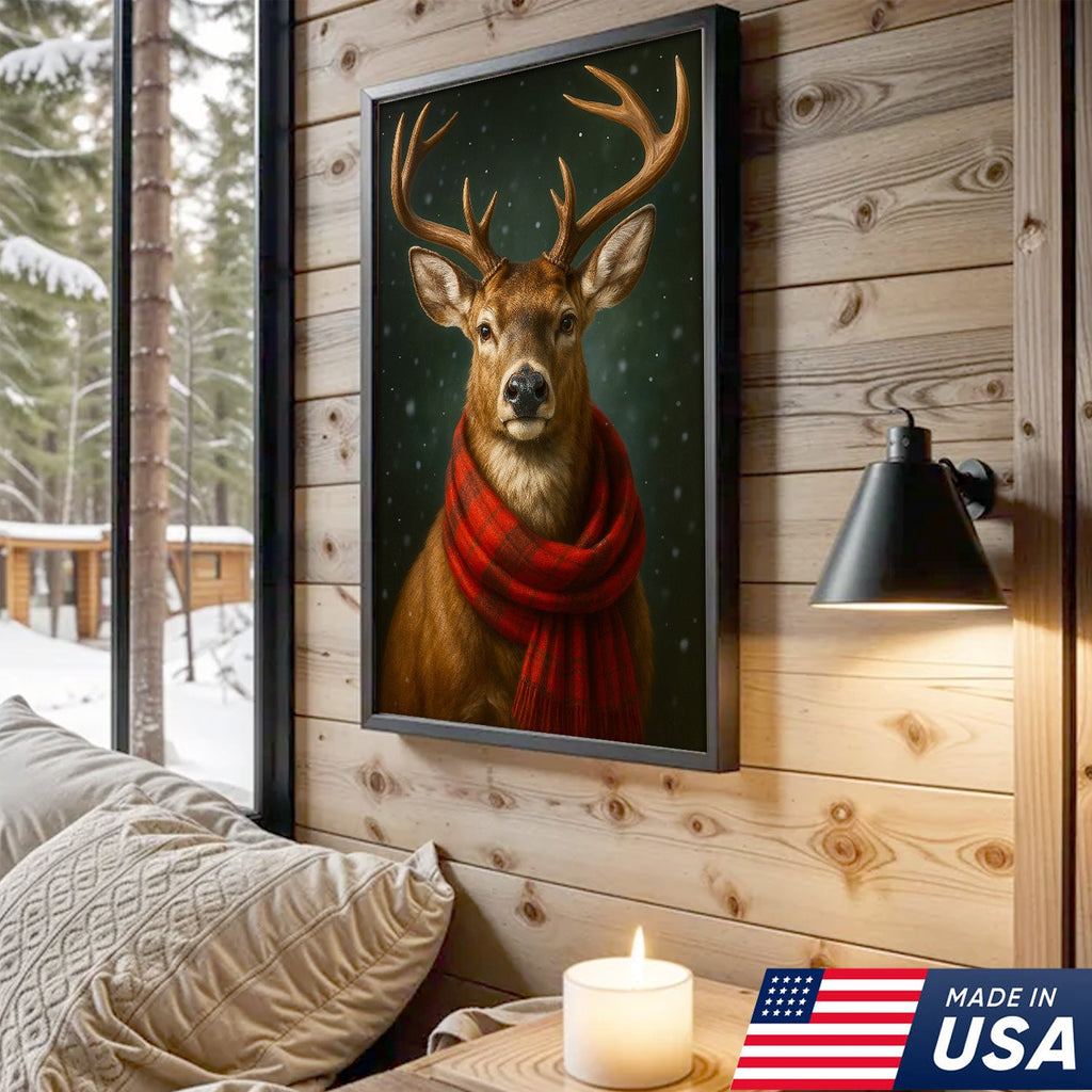 Winter Buck in Red Scarf – Christmas Cabin Wall Art, Rustic Christmas Decor