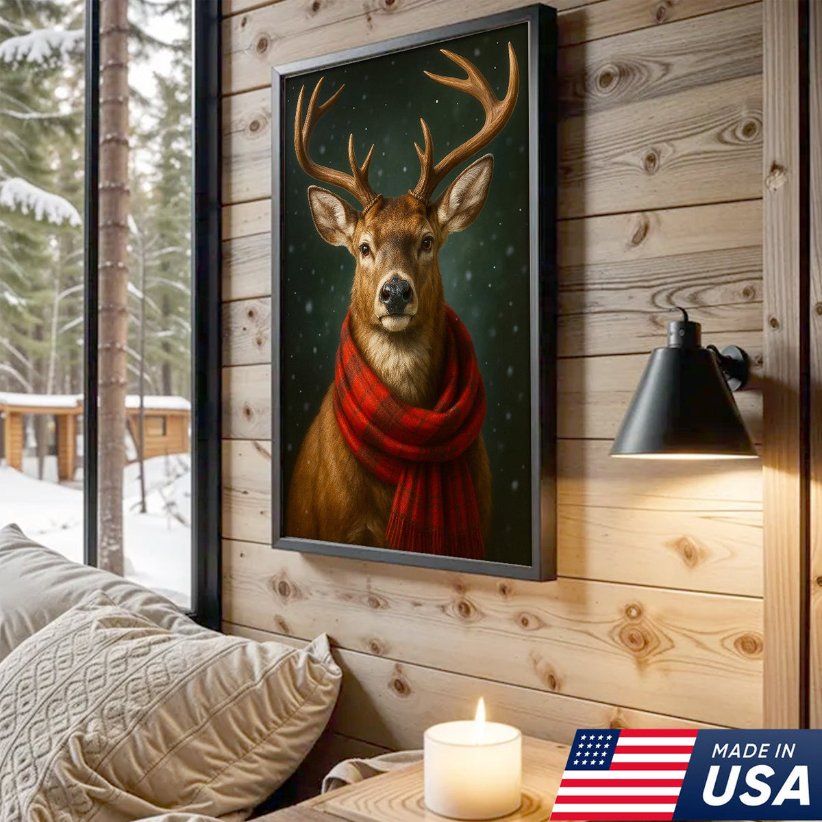 Winter Buck in Red Scarf – Christmas Cabin Wall Art, Rustic Christmas Decor