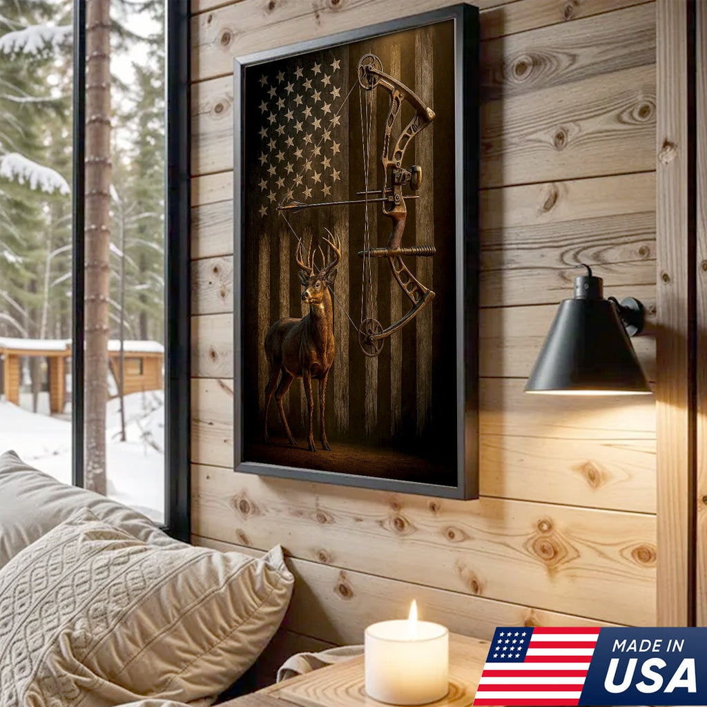 Deer and Bow American Flag Canvas Wall Art — Patriotic Hunting Decor Featuring Buck and Compound Bow