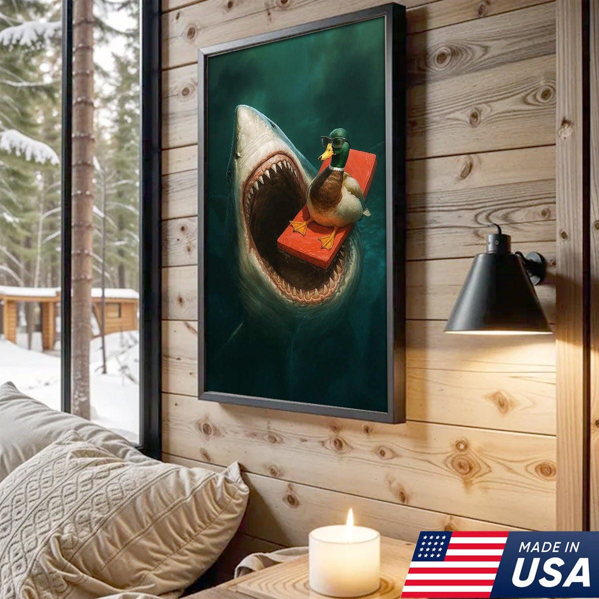 Funny Duck Shark Canvas Wall Art, Fearless Sunglasses Duck Floating Above Shark Jaws Print
