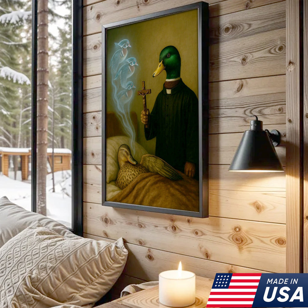 Priest Duck Canvas Wall Art, Surreal Animal Artwork, Funny Dark Humor Painting, Unique Gift for Hunters or Art Collectors
