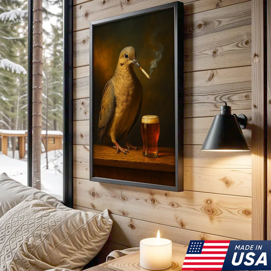 Rustic Mourning Dove Canvas Wall Art – Unique Wildlife Bar Scene with Beer