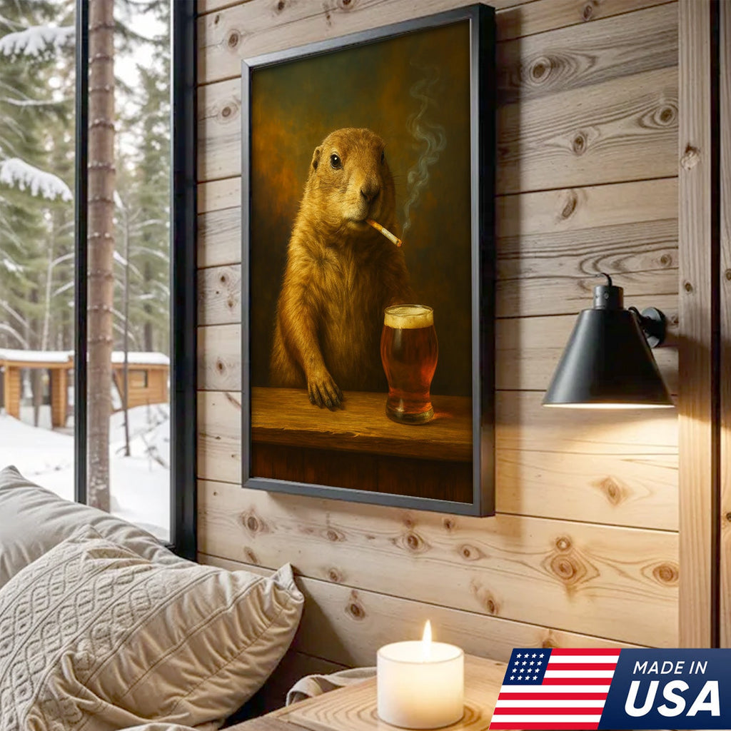 Rustic Prairie Dog Canvas Wall Art – Funny Wildlife Bar Scene with Beer – Hunting Cabin Decor
