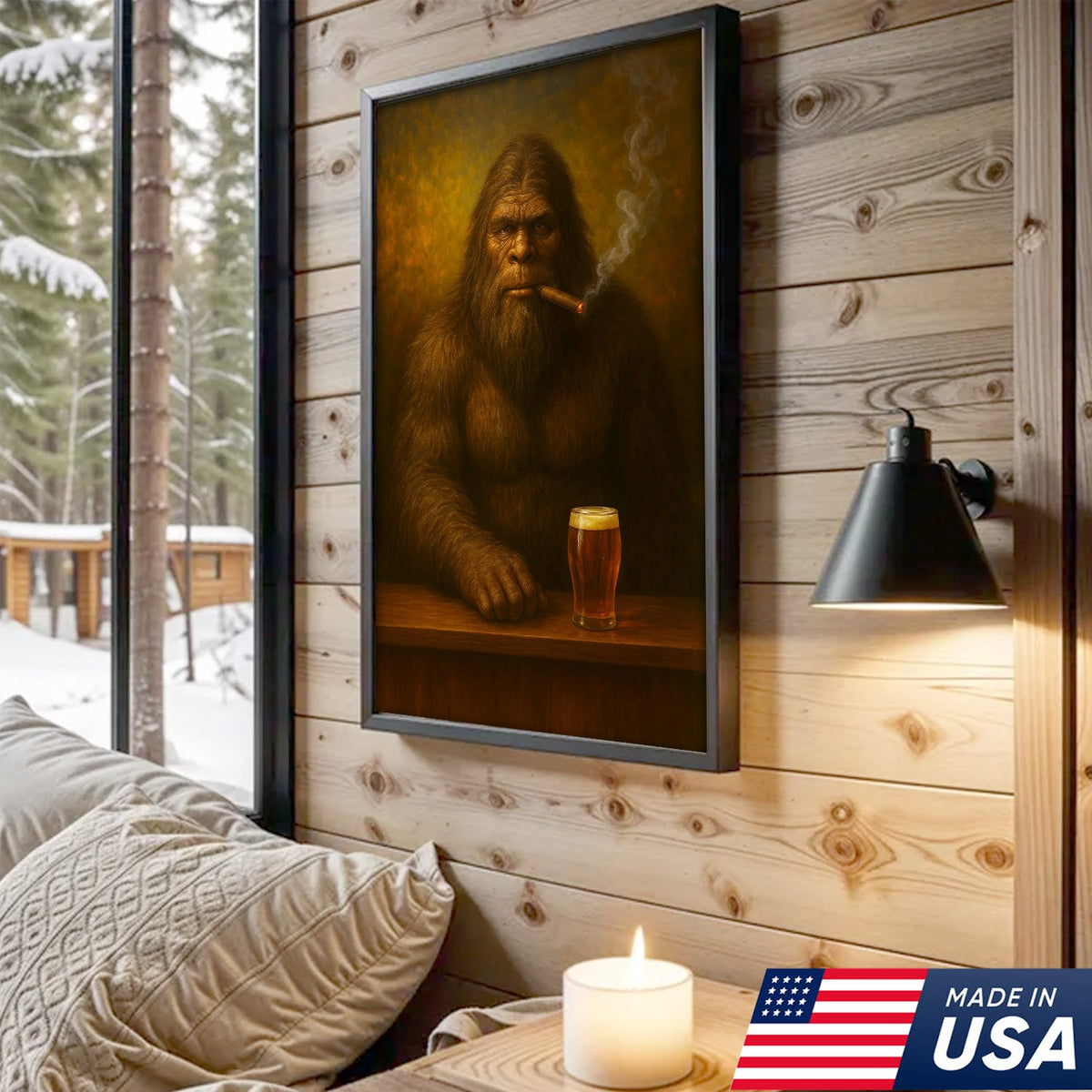 Funny Bigfoot Wall Art Canvas – Funny Sasquatch Smoking & Beer Canvas, Hunting Cabin & Man Cave Decor