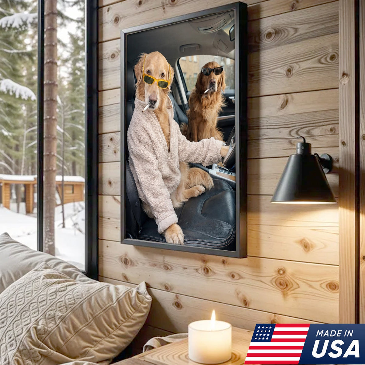 Funny Dog Driving Car Canvas Wall Art, Cool Golden Retriever Duo Portrait