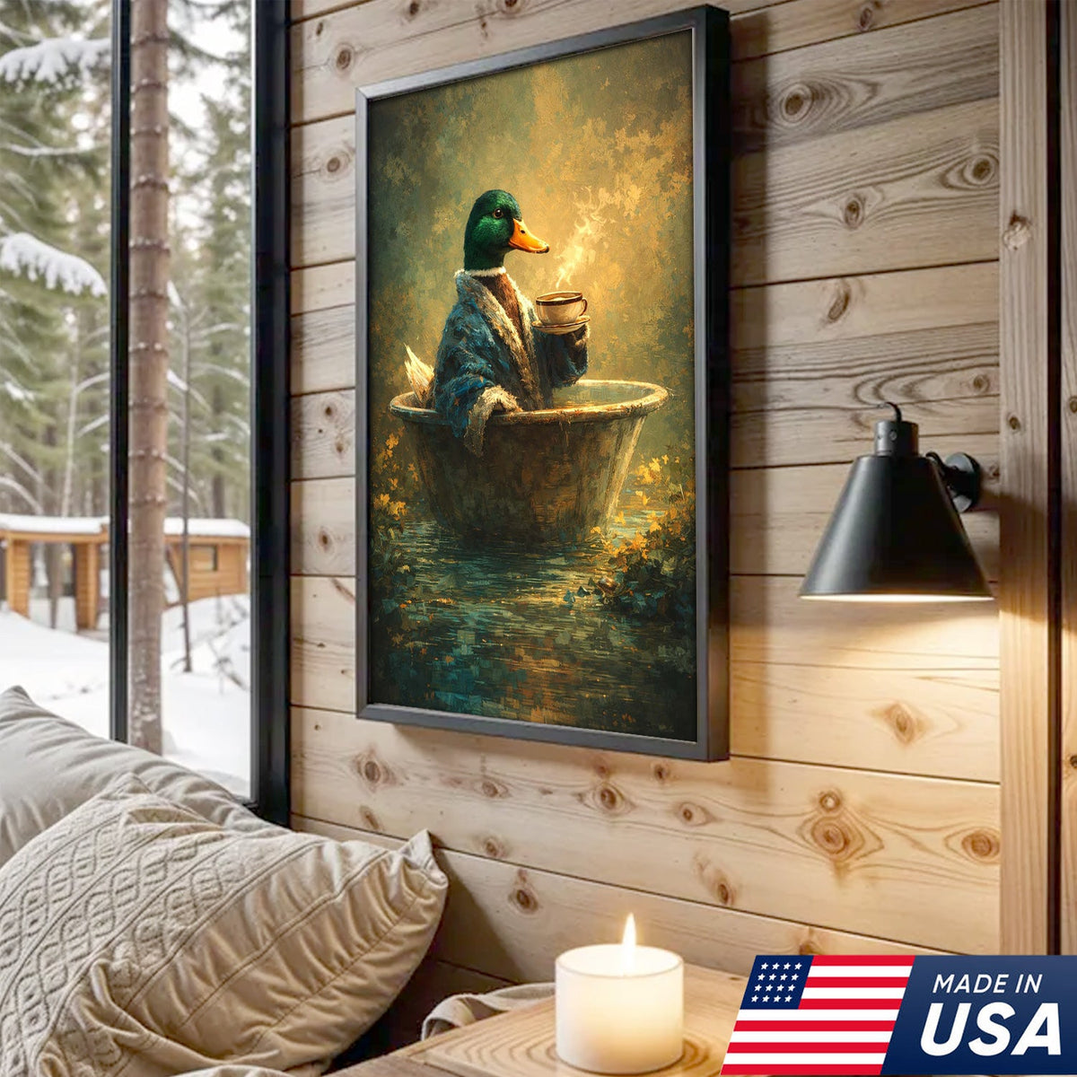 Whimsical Duck Coffee Bath Canvas Wall Art, Cozy Animal Painting