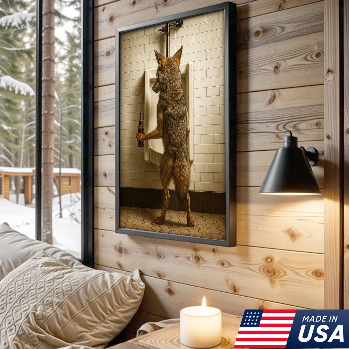 Hilarious Coyote Canvas Wall Art – Funny Bathroom Humor Decor – Rustic Hunting Cabin Gag Gift