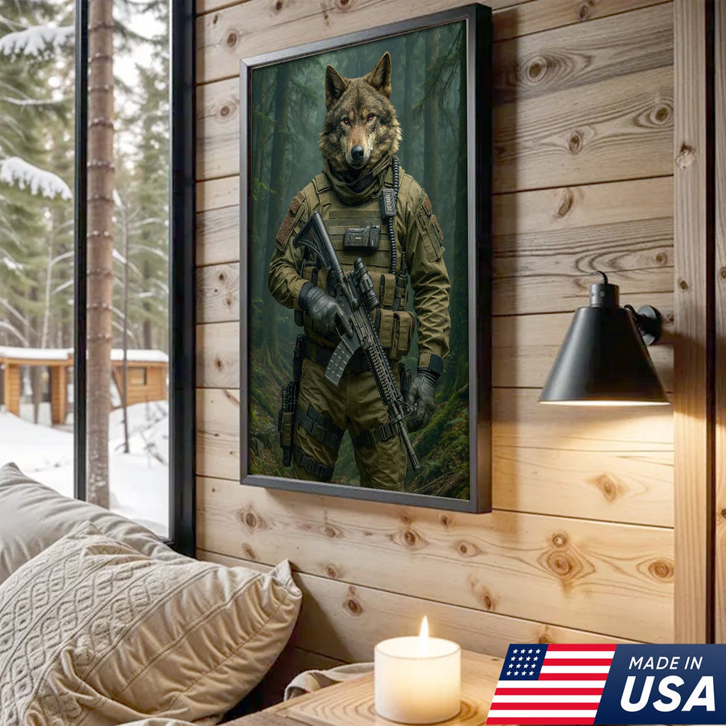 Tactical Wolf Canvas Art – Elite Armored Wolf Warrior in Forest