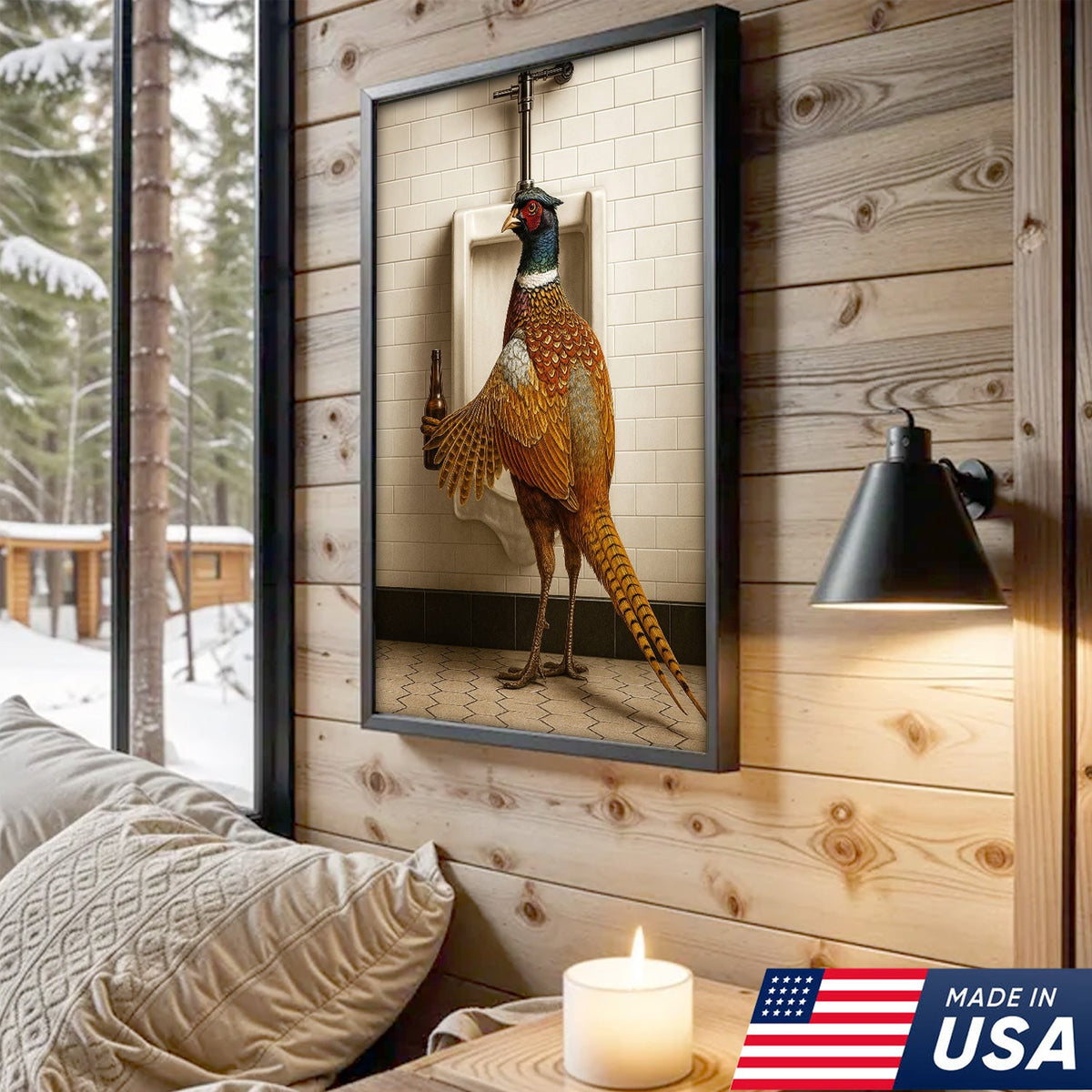 Funny Pheasant Canvas Wall Art – Hilarious Bathroom Humor Decor – Rustic Hunting Cabin Gag Gift