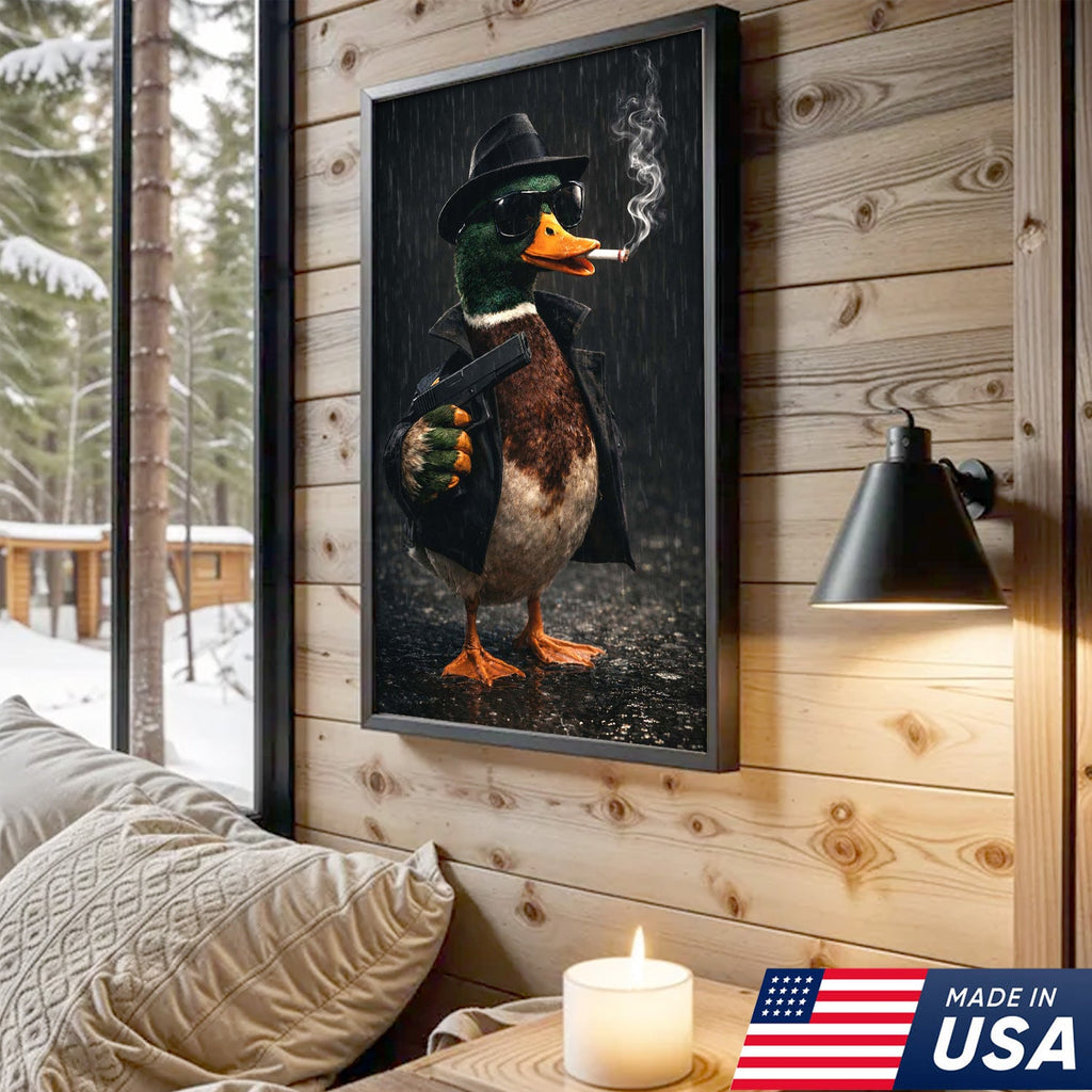 Noir Gangster Duck Canvas Wall Art, Dark Cinematic Animal Illustration