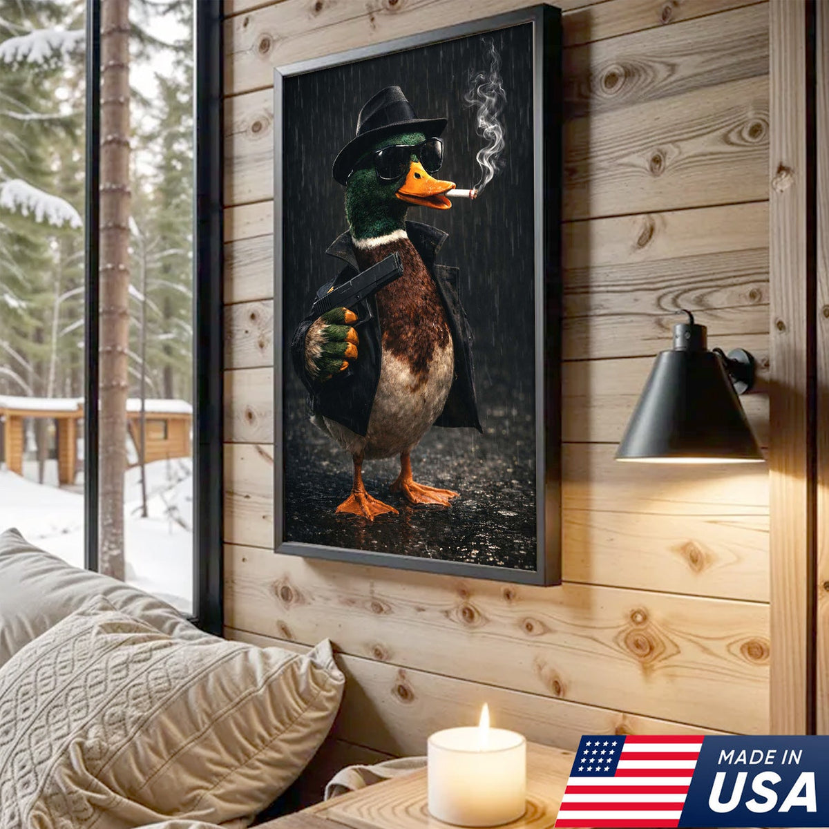Noir Gangster Duck Canvas Wall Art, Dark Cinematic Animal Illustration
