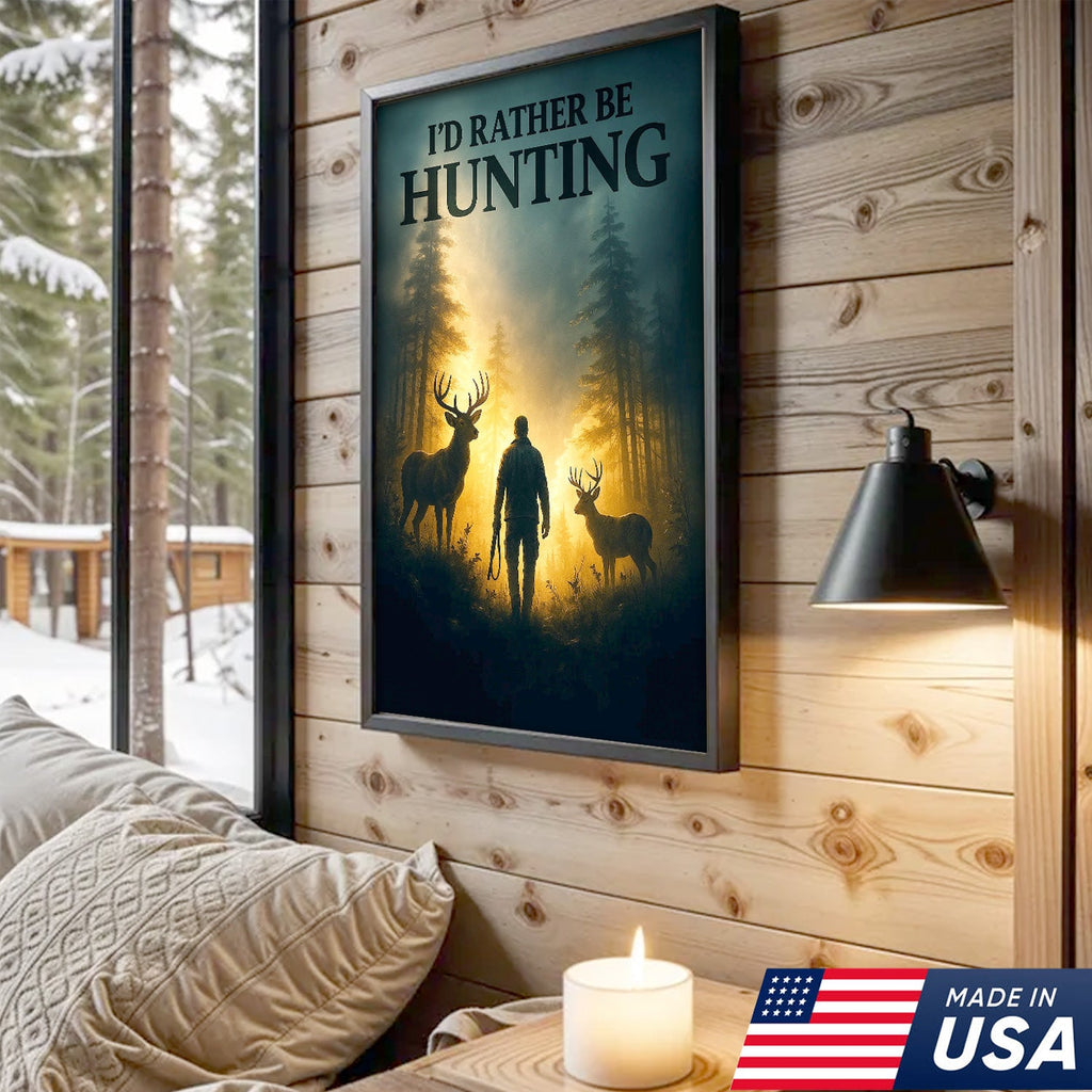 I'd Rather Be Hunting Canvas Wall Art – Rustic Deer and Hunter Scene – Cabin Lodge Outdoor Decor