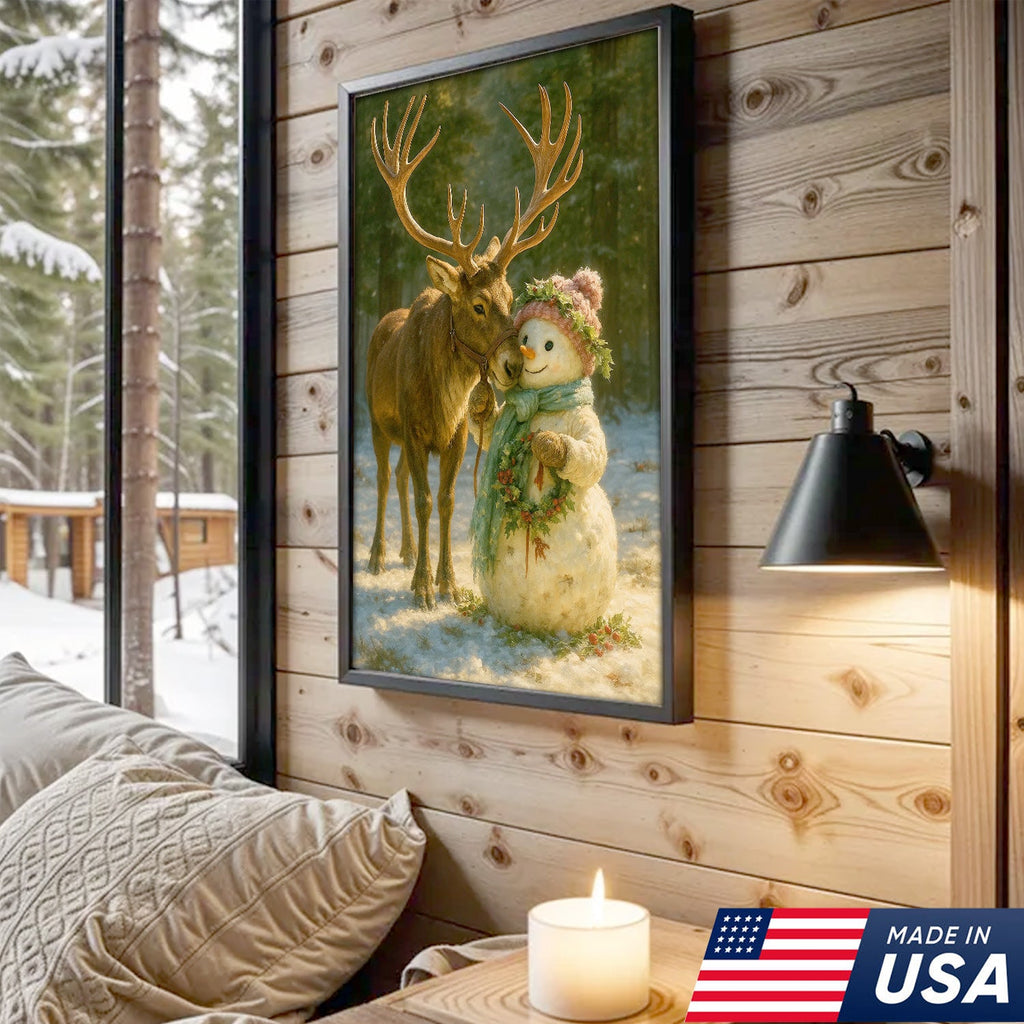 Reindeer and Snowman Friends Christmas Canvas Wall Art, Whimsical Winter Forest Holiday Print
