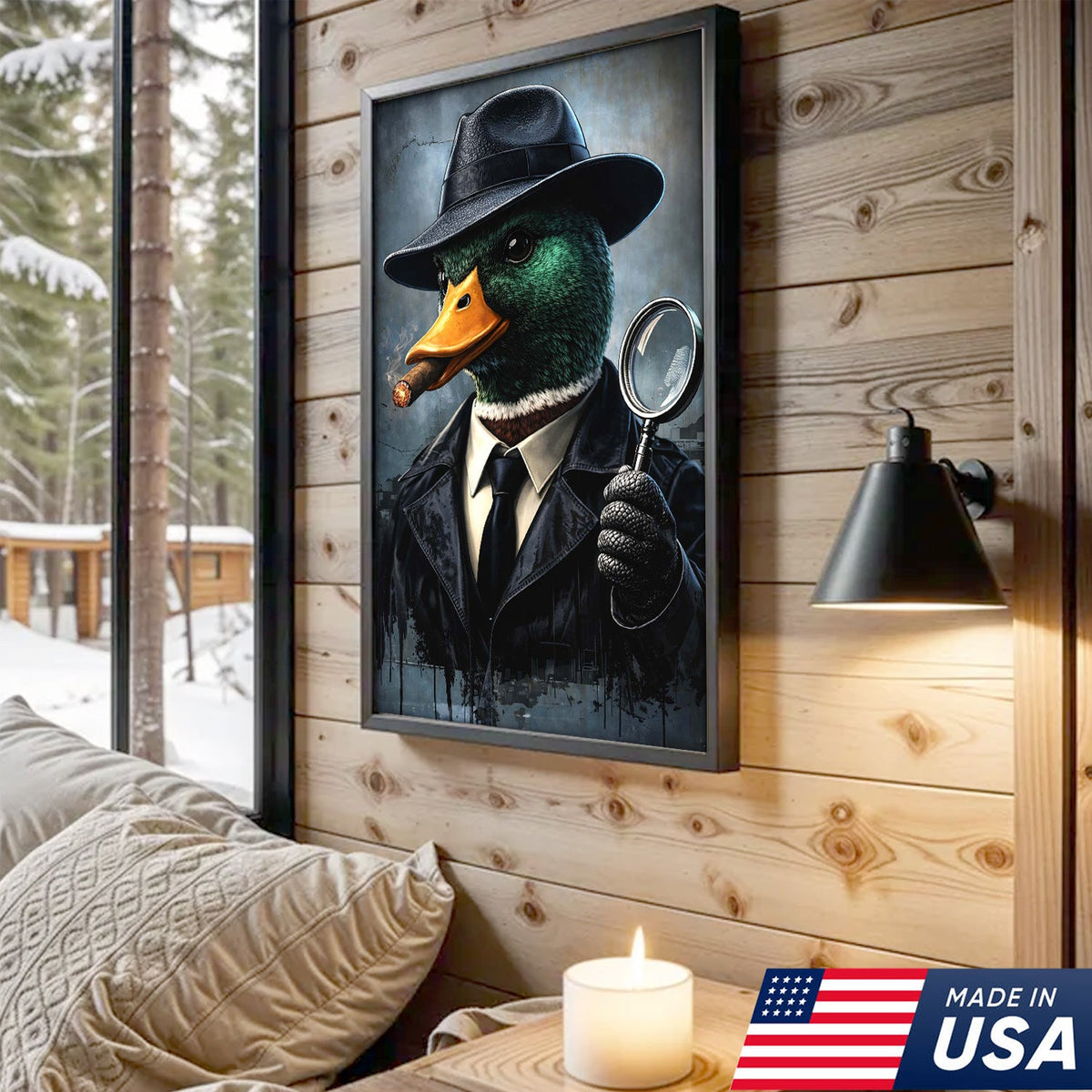 Noir Detective Duck Canvas Wall Art, Cinematic Animal Portrait Painting